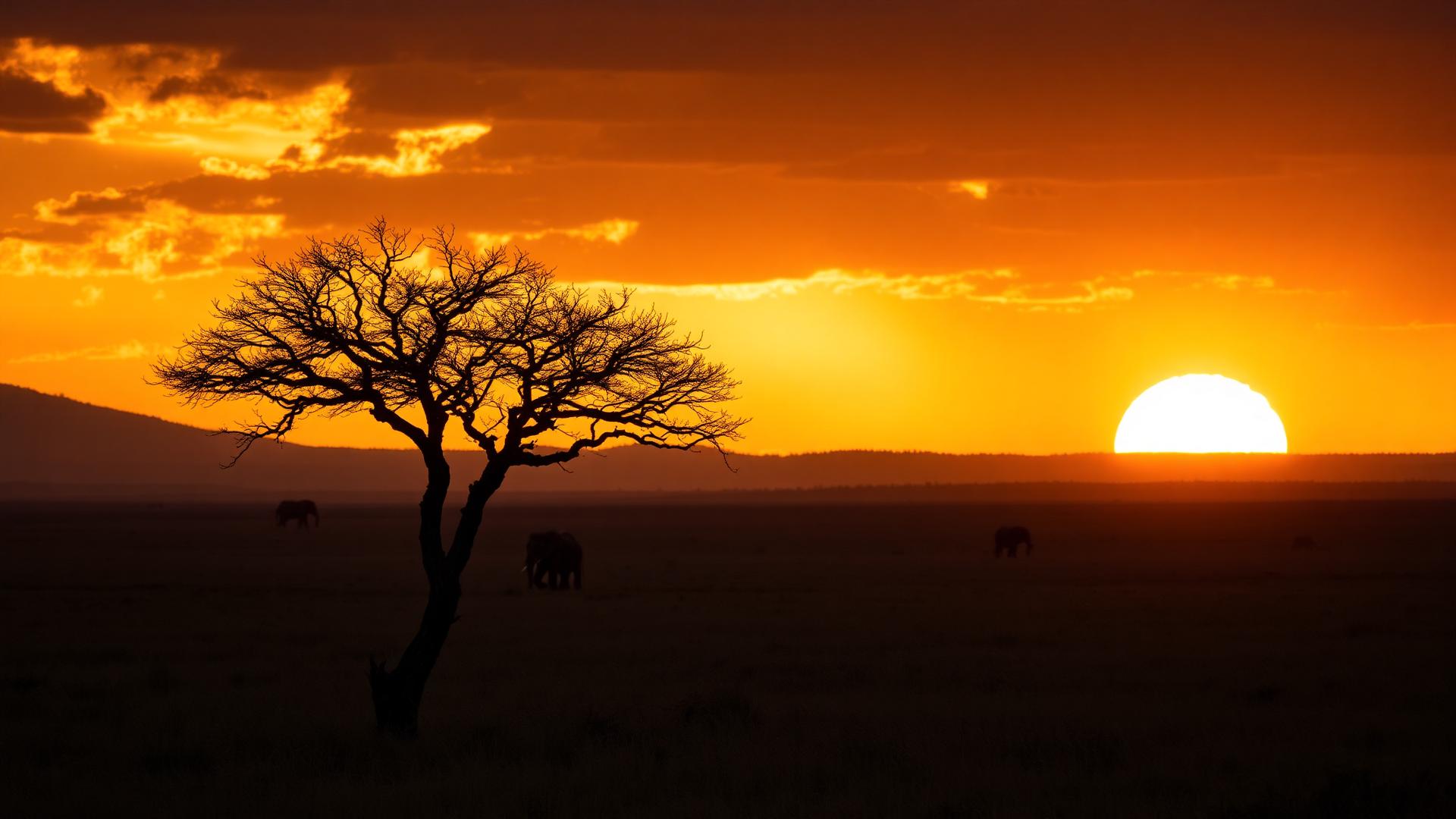 African savanna at sunset with acacia tree and elephants